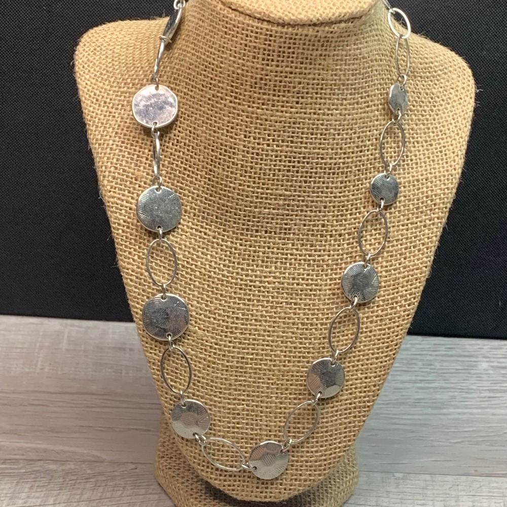 Chico's Silver Tone Textured Disc and Oval Link Chain Necklace 20 Inch